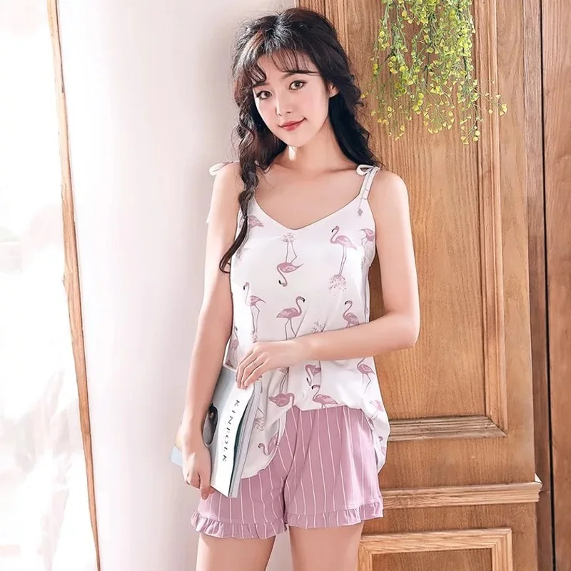 

Pyjamas Women Flamingo Print Cami Top and Striped Shorts PJ Sets Summer Spaghetti Strap Sleeveless Frill Women Pink Nightwear