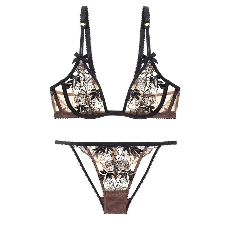 

ultra-thin floral embroidery sexy deep-v neck women underwear set push-up bra sets ladies transparent Bra and Briefs Set