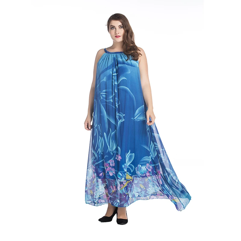

Bohemian Women Summer Dress Slash Neck Halter Chiffon Dress Long Plus Size 7XL Print Blue Floral Maxi Dress Vestido Longo