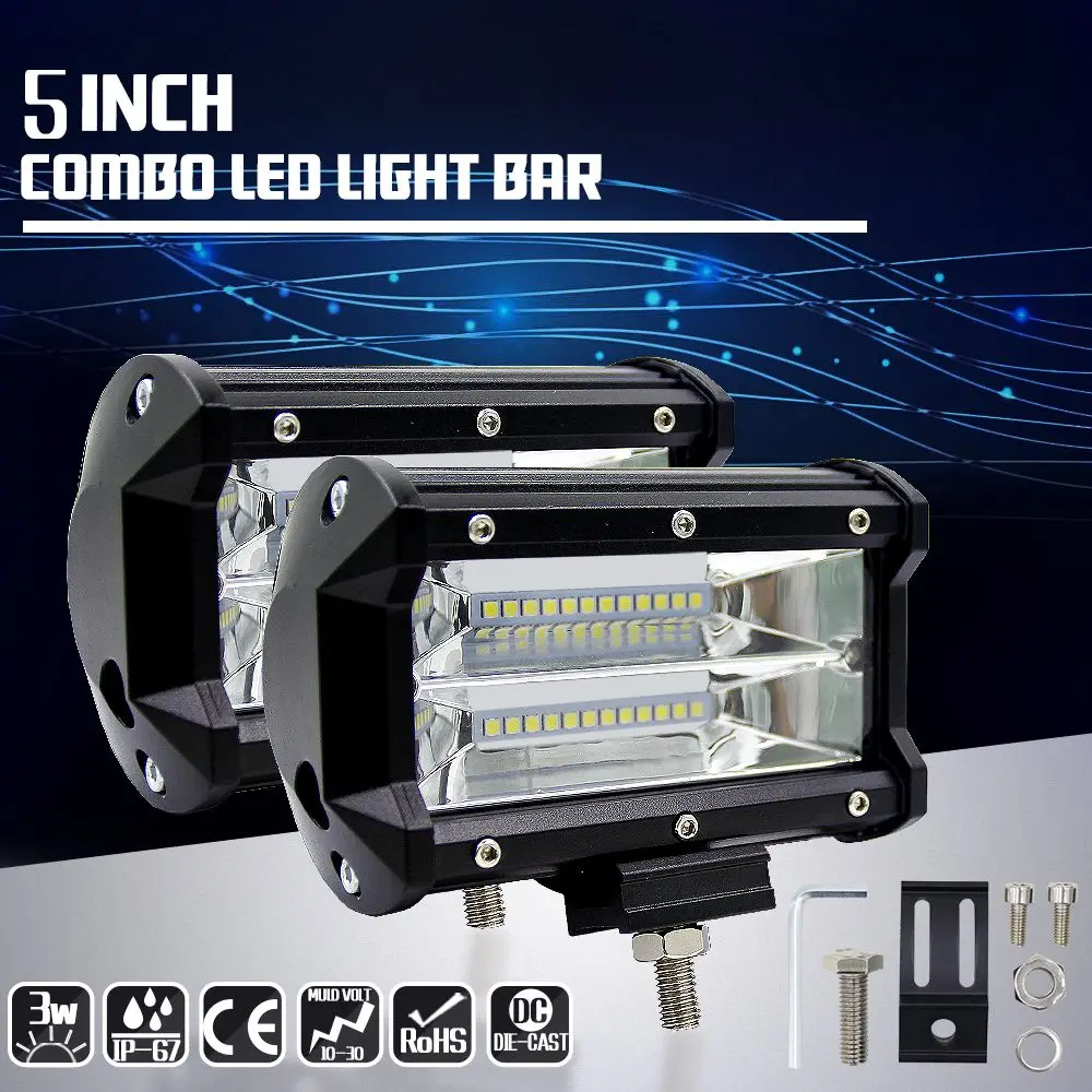 

72W Cars Lights Two Row 5 inch LED Off-road Work Light 7200LM 6000K White IP67 Driving Offroad Boat Car Work Lights Bulbs
