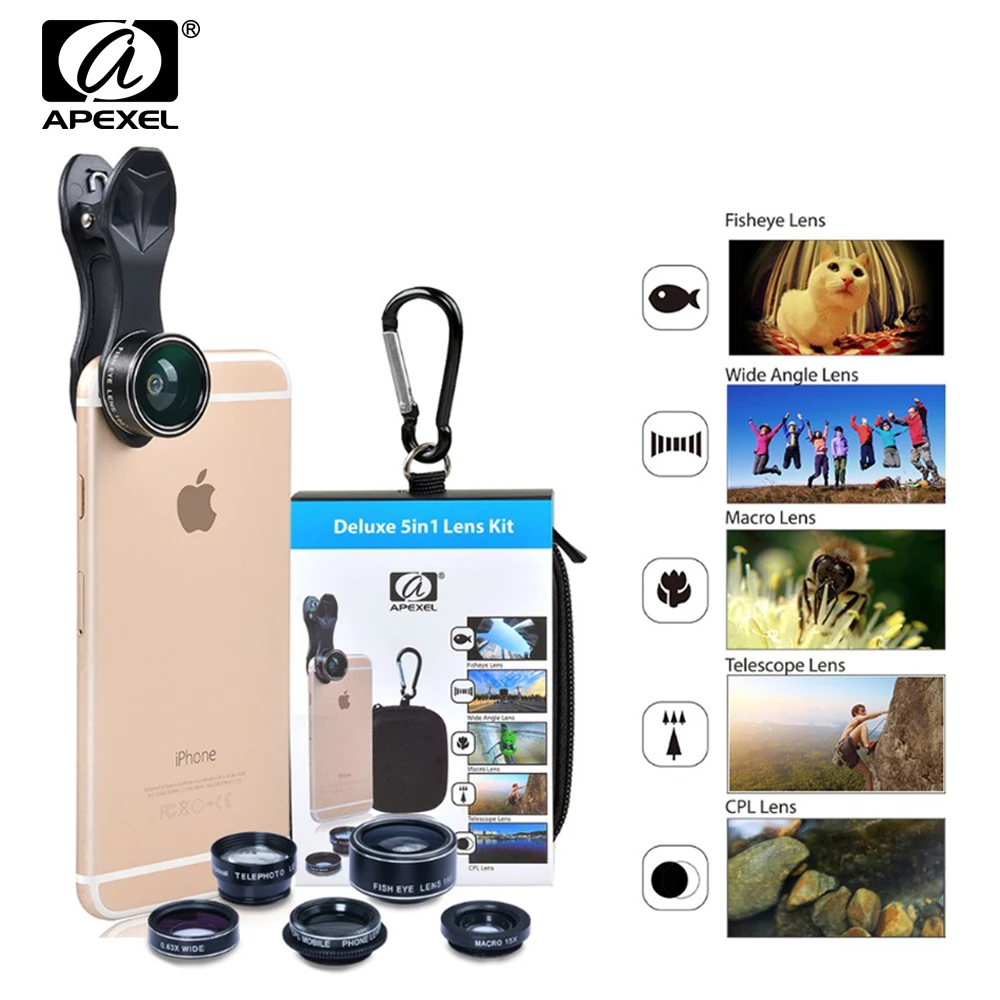 Apexel العالمي كليب 5in1 عدسة الهاتف المحمول كيت السمك العين زاوية واسعة 2x تليفوتوغرافي cpl الكلي عدسات للآيفون 6 7 8 x الذكي Apexel العالمي كليب 5in1 عدسة الهاتف المحمول كيت السمك العين زاوية واسعة 2x تليفوتوغرافي cpl الكلي عدسات للآيفون 6 7 8 x الذكي