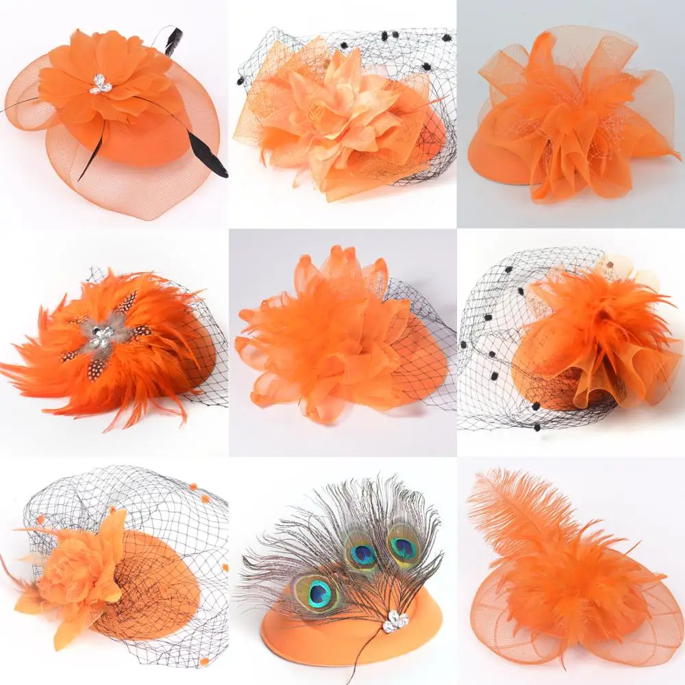 

12design Choose Women Orange Handamde Feather Fascinators Pillbox Hat Hair Clip Veil Headwear Hairpieces Wedding Party Accessory