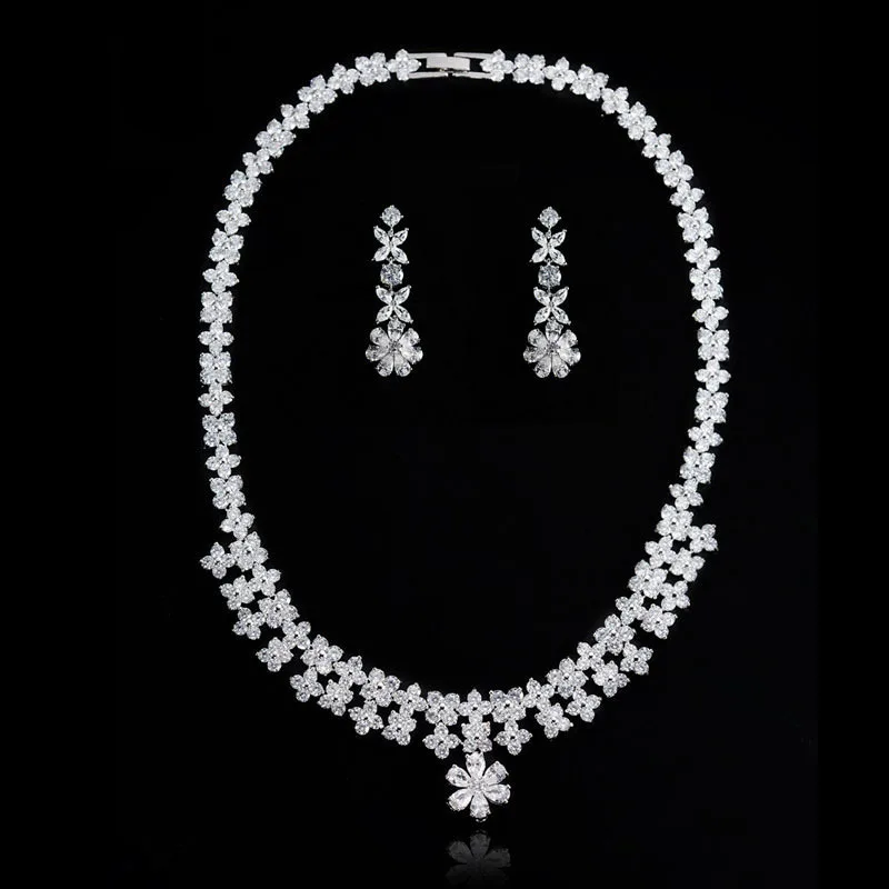 

White Gold Color Flower Cubic Zircon Flower Necklace And Earring On Earrings Sets For Wedding Bridal Party Jewelry Accessories