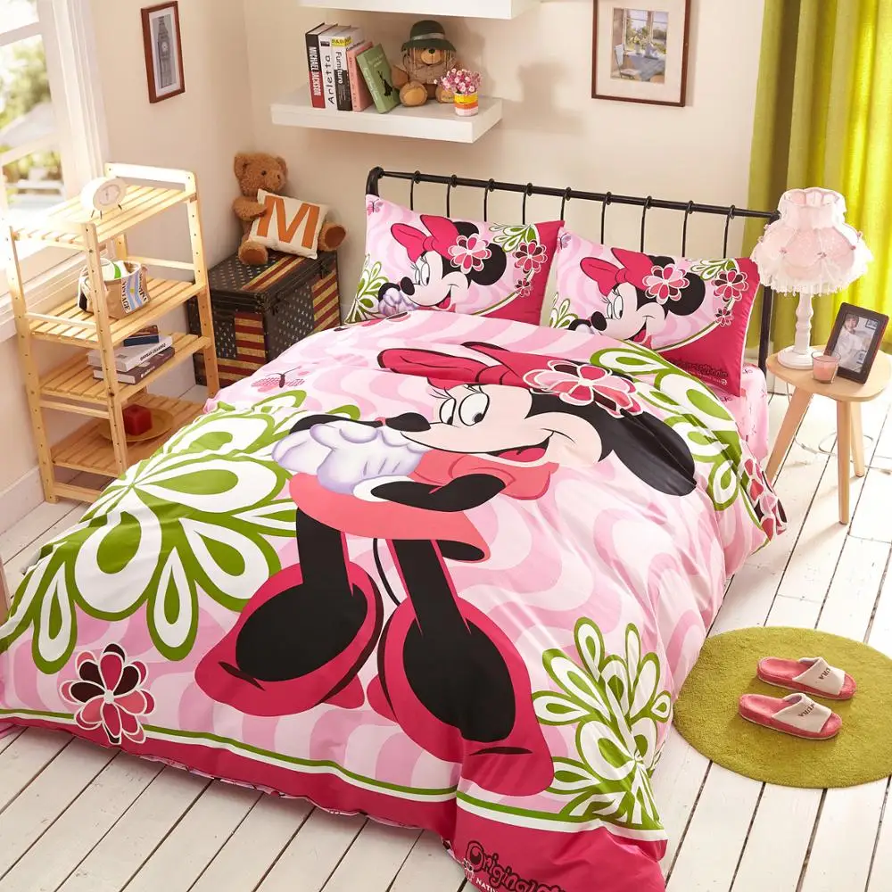 

Pink Polka dot flannel fleece Minnie Mouse comforter bedding set twin size girls quilt cover 3d full bed linen soft coverlet Kid