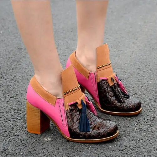 

Fashion Mixed Color Autumn New Women Pumps Soft Leather Fringe Thick High Heels Dress Shoes Woman Rivet Motorcycle Ankle Boots