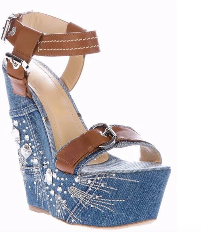 

Summer 2017 Hand-sewn Crystal Women Wedges Buckle Strap High Platform Shoes Ultra High Heels Open Toe Women Sandals Ladies Shoes