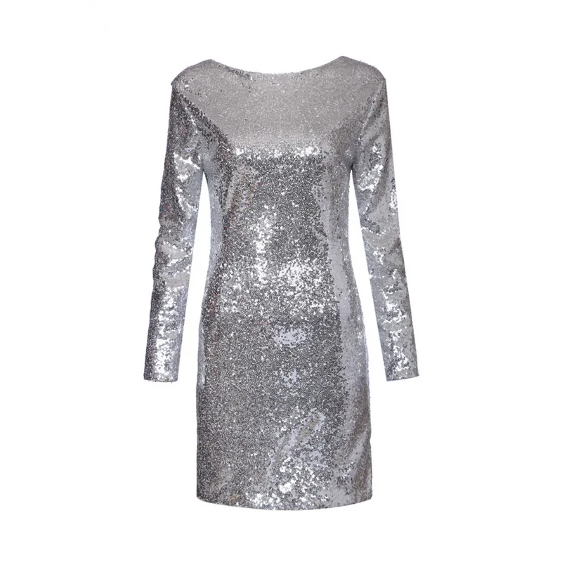 Женское сексуальное платье с открытой спиной, с блестками, с длинным рукавом, вечерние, Клубные,, Vestidos femininos, Европейское повседневное облегающее платье QZ2238 - Цвет: Серебристый