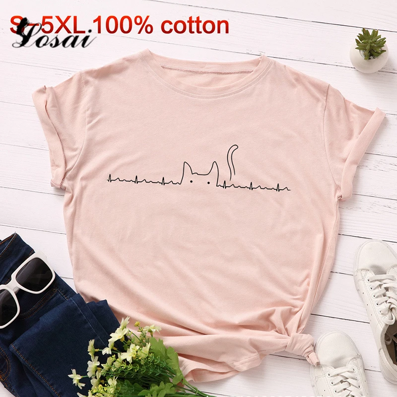 

Plus Size S-5XL Lovely Cat Print T Shirt Women 100% Cotton O Neck Short Sleeve Summer T-Shirt Tops Casual Tshirt Women Shirts