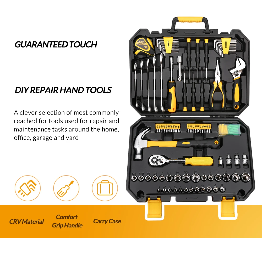 Набор ручных инструментов DEKOPRO из 128 предметов, универсальный набор ручных инструментов для дома с пластиковым ящиком для инструментов, чехол для хранения, молоток, плоскогубцы, отвертка, нож