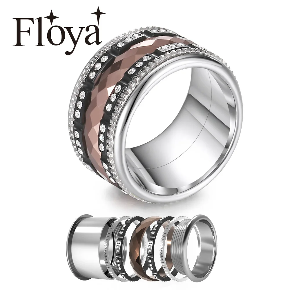 Floya Titanium Rings Femme Black Eternity Band Stainless Steel Interchangeable Arctic Symphony Spinner Wedding CZ Ring