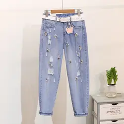 Рваные Джинсы женские весна лето 2019 новые тяжелые шипованные просверленные металлические ленты отверстия джинсы базовые брюки 9-cent Hallen