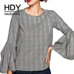 HDY Haoduoyi Брендовые женские клетчатые повседневные рубашки с оборками с круглым вырезом и рукавом-бабочкой женские модные хлопковые блузки