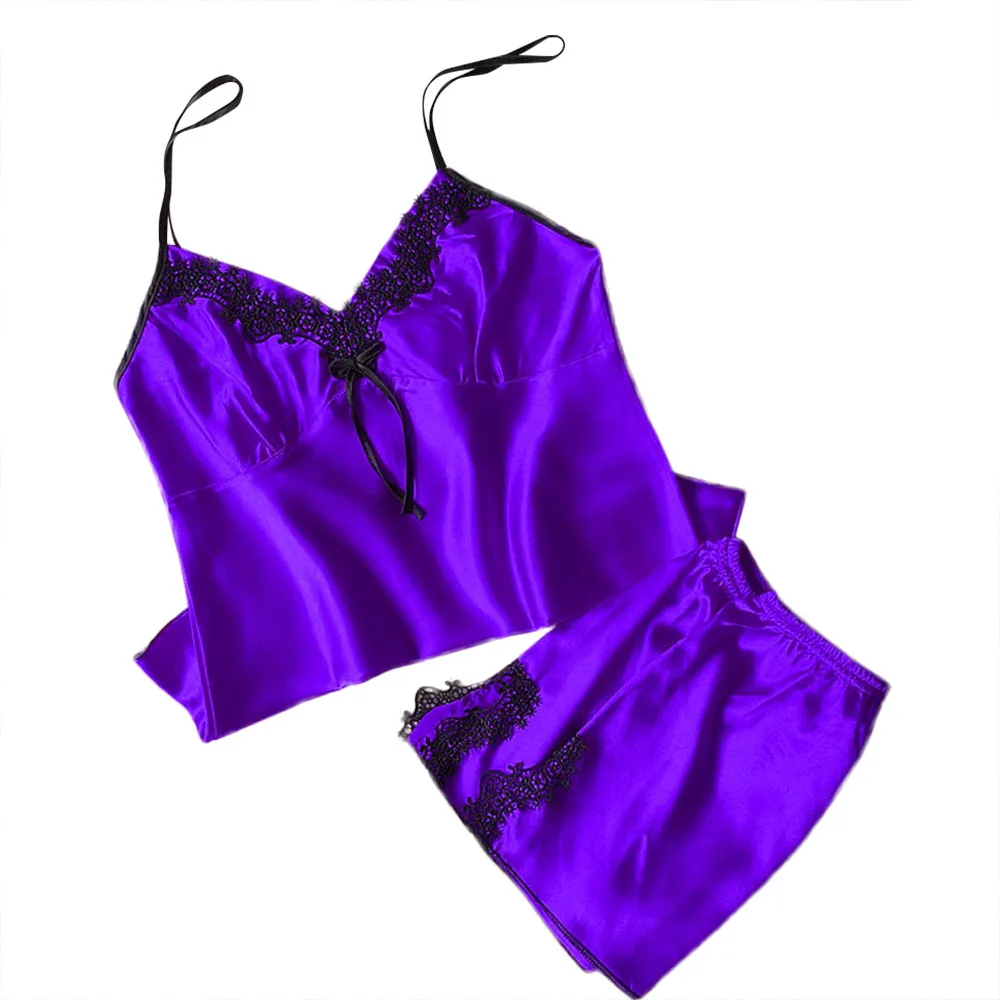 Зимние пижамы Для женщин шелковая, сатиновая Пижама без рукавов Ночная сорочка на бретельках кружевной отделкой Satin Cami Top пижамные комплекты Feminino комплект - Цвет: Фиолетовый