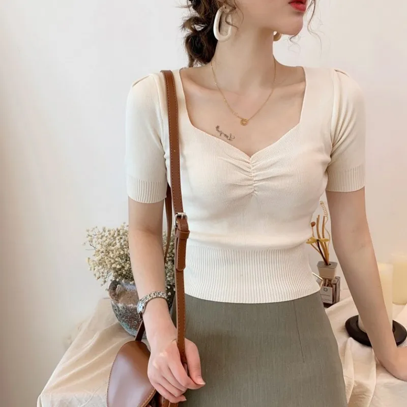 

Chic Candy Women Plain Slim Short Sleeve Summer T-Shirts Sweet Solid Student Shirring Brief Knitted Top