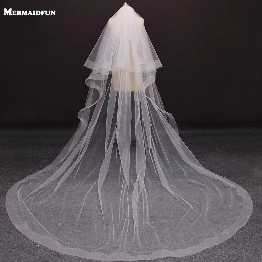 

New Two Layers Horsehair Edge 3 Meters Long Cathedral Wedding Veil with Comb Cover Face Blusher Bridal Veil Velo De Novia