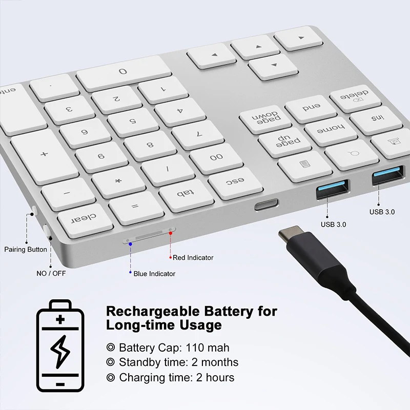 Беспроводная цифровая клавиатура 2 в 1 USB C 3 с Bluetooth 34 кнопками кнопочная панель