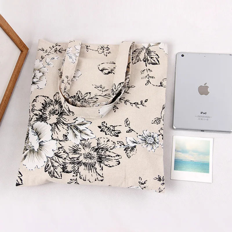 YILE Handmade Floral Big Flower Cotton Linen Eco Reusable Shopping Shoulder Bag Tote L262