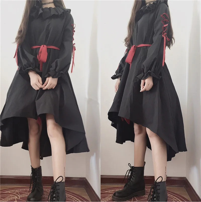 

Cute Puppet Doll Style Lolita OP Dark Girl Bind Belt Ruffles Bowknot Loose Dress