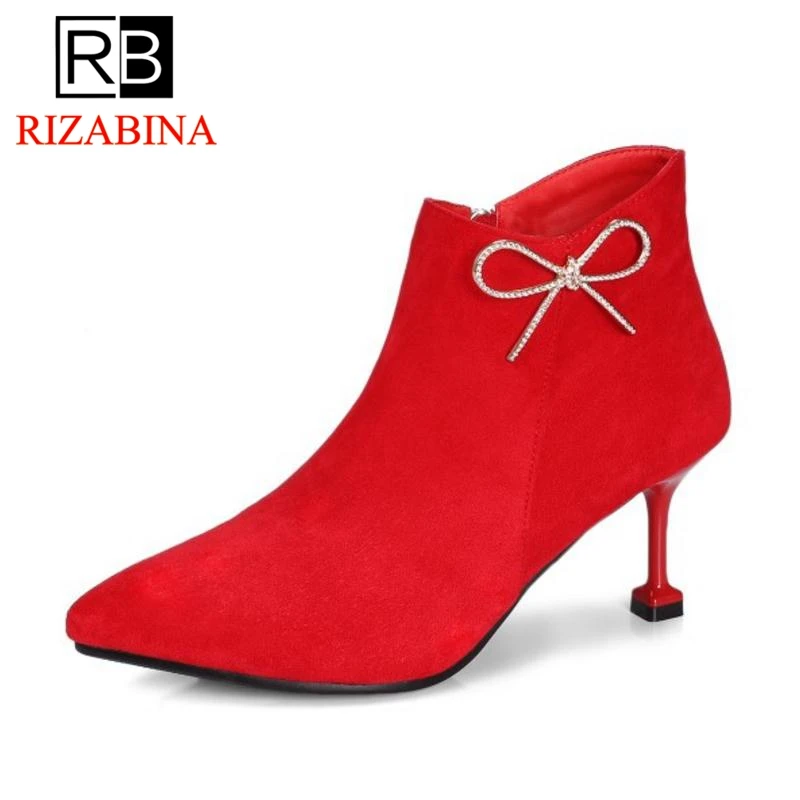 

RizaBina Women Winter Boots High Heels Ankle Warm Fur Woman Shoes Bowknot Thin Heel Short Boots New Fashion Shoes Size 33-42