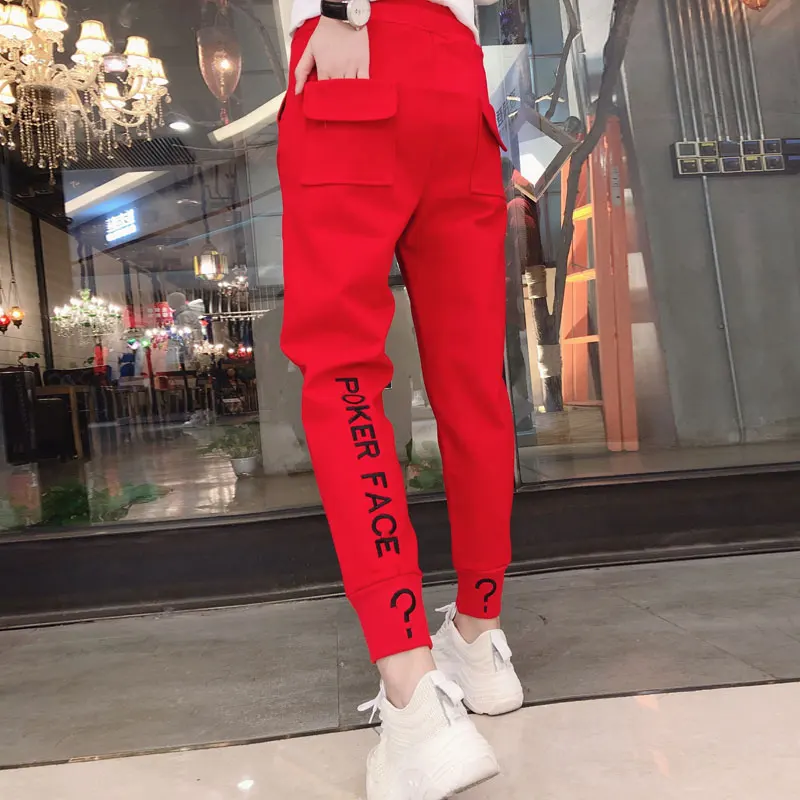 Female Pants Teenager Black Pockets Letter Spring Autumn Girls White Casual N08 And Red