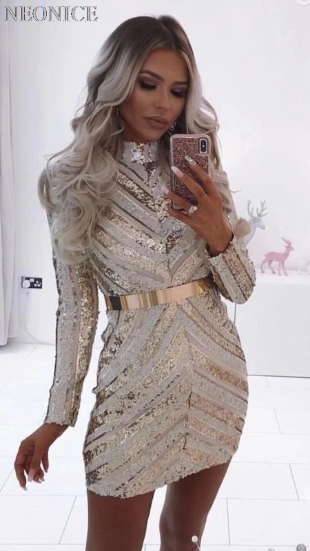 

2019 new woman Dress is tight nightclub socialite birthday party fashion sexy package hip leisure gold sequins splicing geometry