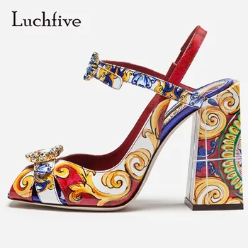 

Tribal Fashion Printing Sandals Shoes Woman Open Toe Crystal Badge Buckle Sandals Chic Colorful Square Heels Sandals Women