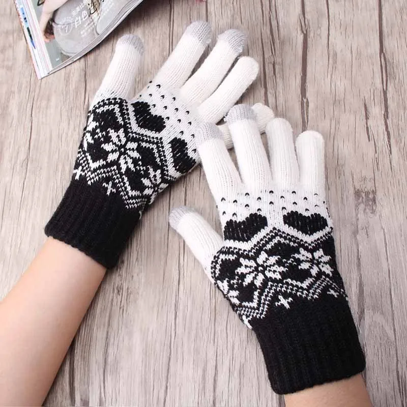 Зимние женские теплые перчатки с сенсорным экраном, вязаные перчатки унисекс, варежки с сердечками и снежинками для мобильного телефона, планшета
