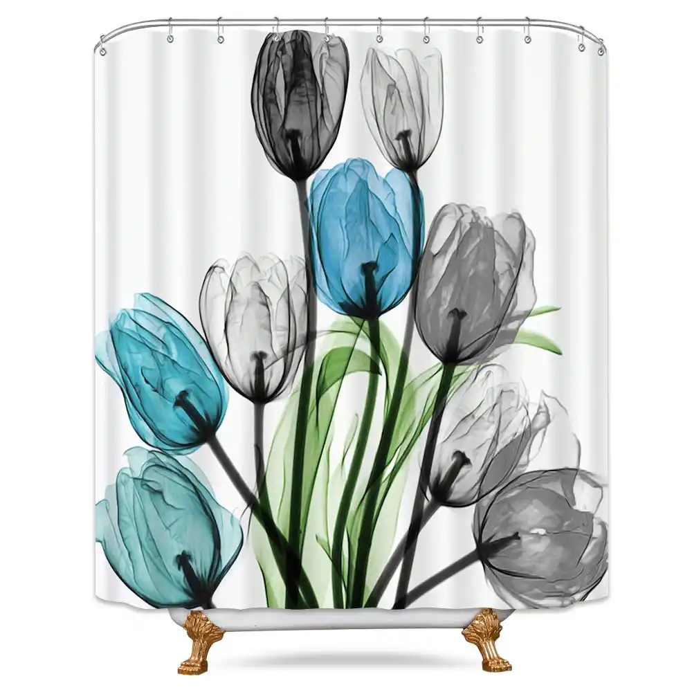 Teal Tulip Flower Shower Curtain Floral Turquoise Watercolor