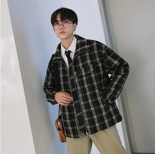 Winter New Jacket Men Woolen Fashion Lattice Warm Outwear Loose Coat Man Clothes Streetwear Bomber Jacket Male Outwear M-5XL