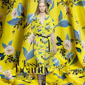 

145cm Width 16mm Flowers Bright Yellow 100% Mulberry Silk Crepe de Chine Fabric for Woman Summer Dresses Blouse Sewing DIY