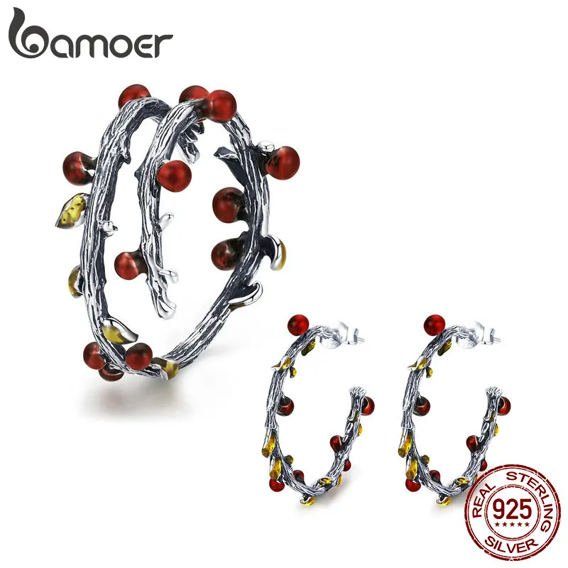 Koop Bamoer Authentieke 925 Sterling Zilver Herfst Boom Bladeren Tak Ringen Oorbellen Sieraden Sets Fashion Sterling Zilveren Sieraden Set