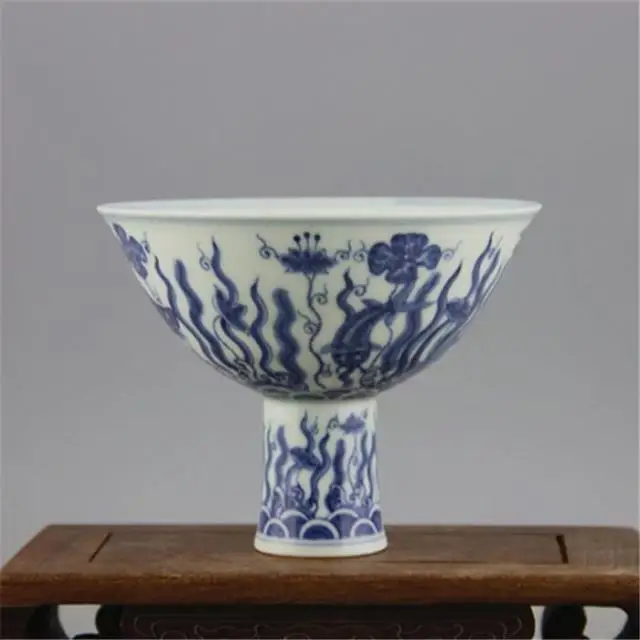 6 Antique MingDynasty porcelain bowl,Blue and white fish grass tall bowl,Hand-painted crafts,Decoration,Collection&Adornment