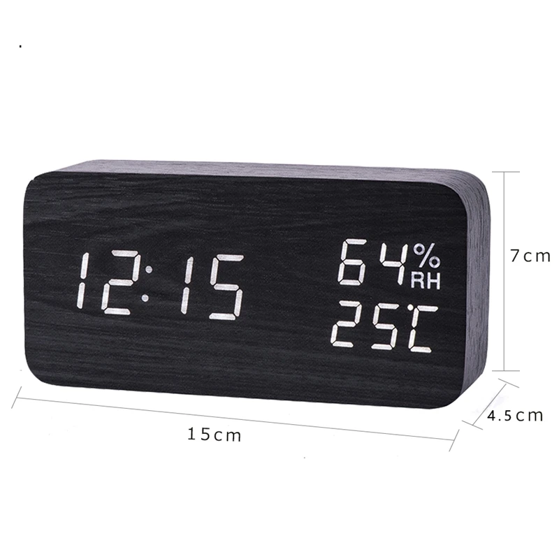 Modern Led Alarm Clock Temperature Humidity Electronic Desktop Digital Table Clocks,Black+ white subtitles