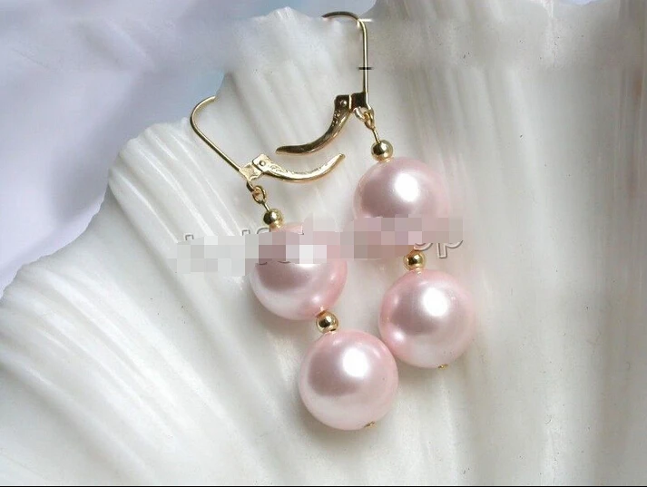 

Wonderful AAA 10mm round pink sea shell pearls earrings Dangle Noble style Natural Fine jewe FREE SHIPPING