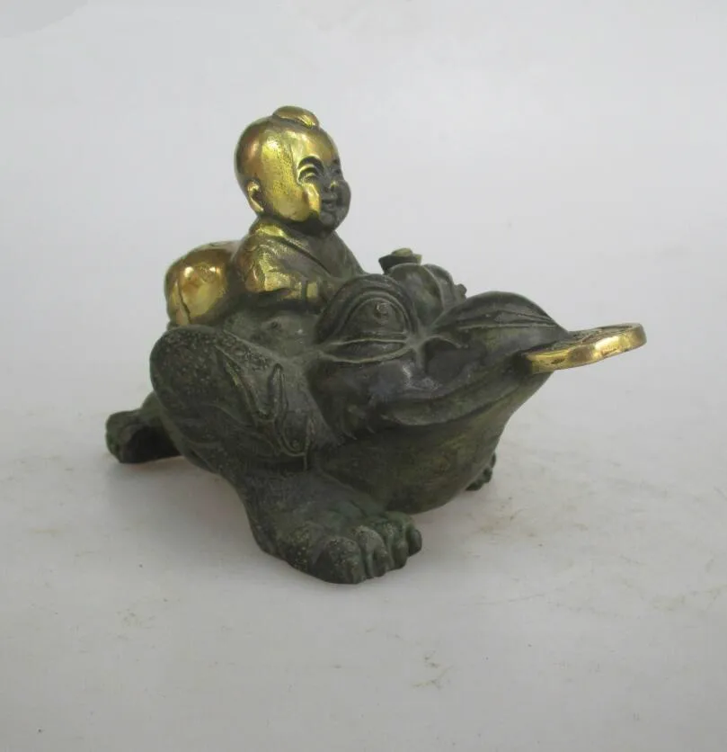 AAA+Rare Chinese Old Bronze Carved Child Toad Statue/Metal Sculpture Craft For Home Feng Shui Decoration Antique Collection | Дом и сад