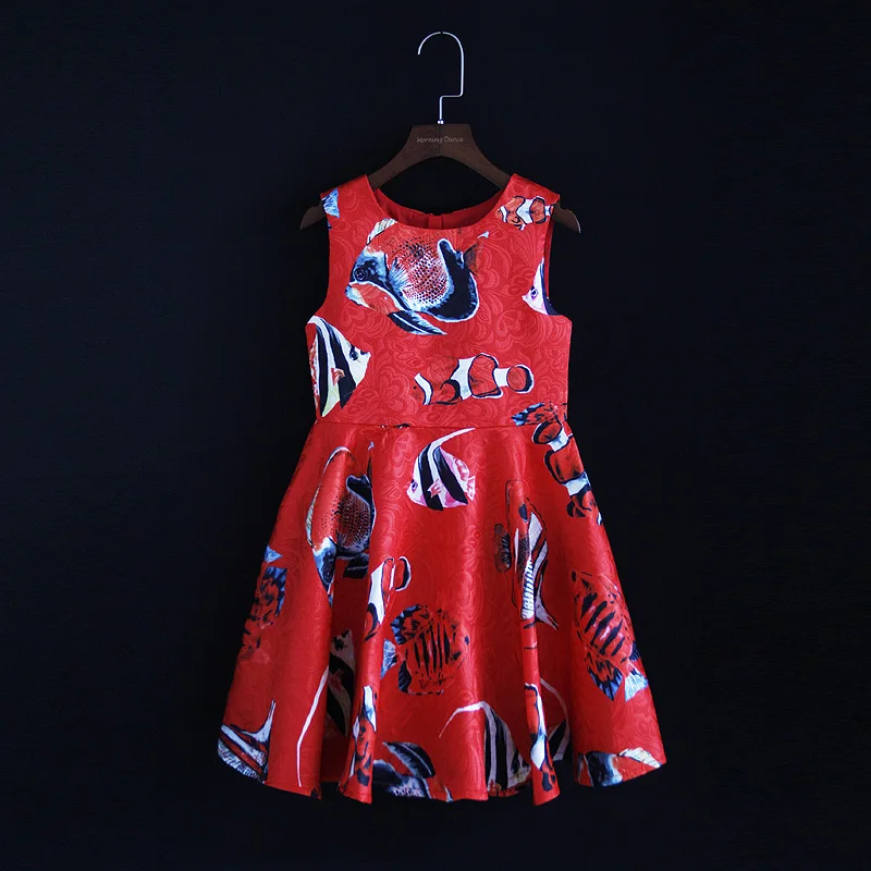 Spring family look clothes children Red Tropical fish sleeveless jacquard mini-me mom girls dress mother daughter matching dress Spring family look clothes children Red Tropical fish sleeveless jacquard mini-me mom girls dress mother daughter matching dress