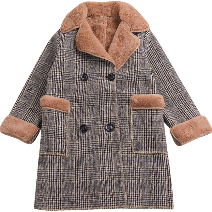 

Kids Girl Overcoat Children's Winter Jackets New Fashion Long Plaid Wool Coat For Girls Teenage Warm Faux Fur Coats 4- 10 Years