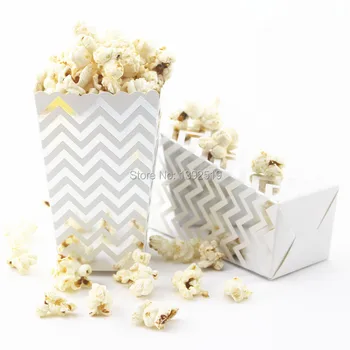 

Free Shipping 36pcs Foil Silver Chevron Paper Box More Design Candy Food Popcorn Boxes for School Party Movie Theatre Favor