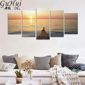 

5 Pieces Sunset Seaview Boat Wharf Canvas Painting Large Print Modern Art Living Room Cuadros Decoracion Wall Murals Picture