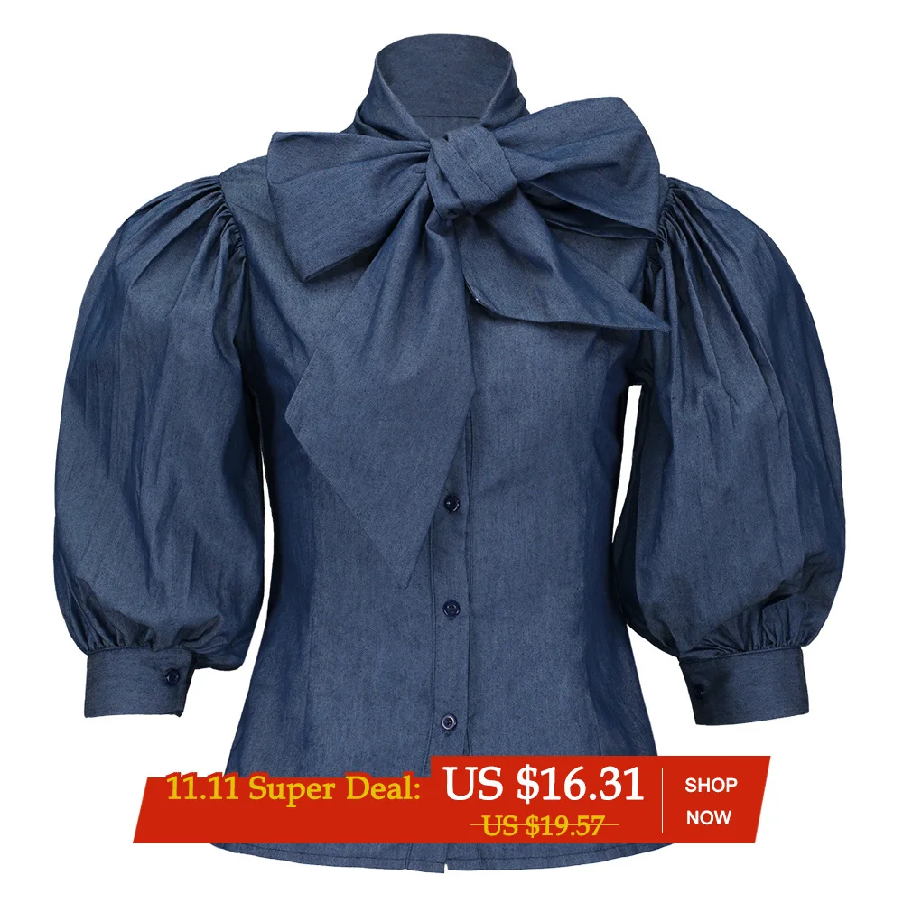 

Clocolor Vintage Denim Blouse Solid Blue Bowknot Lantern Sleeve Retro Spring Autumn Tops Fashion Casual Female Women Blouses