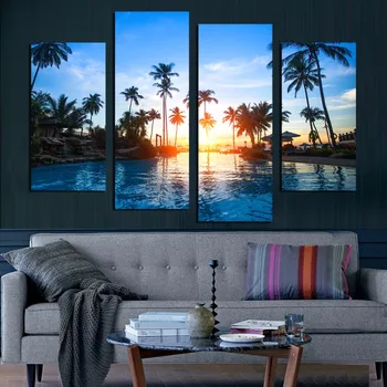 

4 panels Coconut Trees Seascape canvas paintings sofa background wall decals home living room decoration