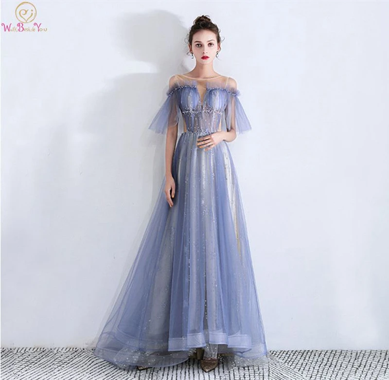 

2019 New Blue Prom Dress Lace-up Tulle Sequined Illusion A-line Short Sleeves O-neck Sweep Train Beading Pleat Sexy Evening Gown