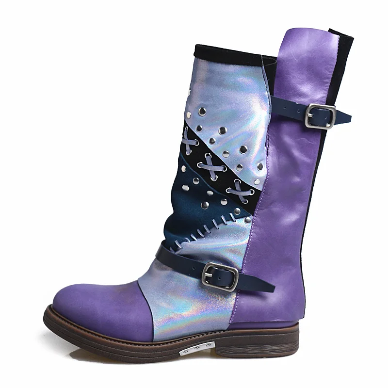 Mujeres Pantorrilla Moda Damas Botas Cuero Para Perfetto Prova Media Grueso Motocicleta Falt Fondo Marca Real Suave Diseñador Purple De Cwx8xISqt