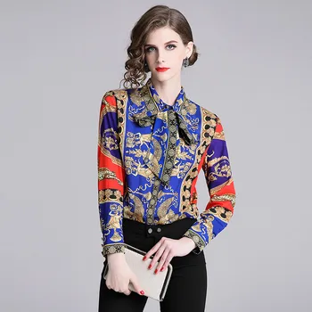 

Women Shirt Long Sleeve Retro Palace Lapel Button Turn Down Collar Print Temperament Elegant Female Party Work Dating Shirts