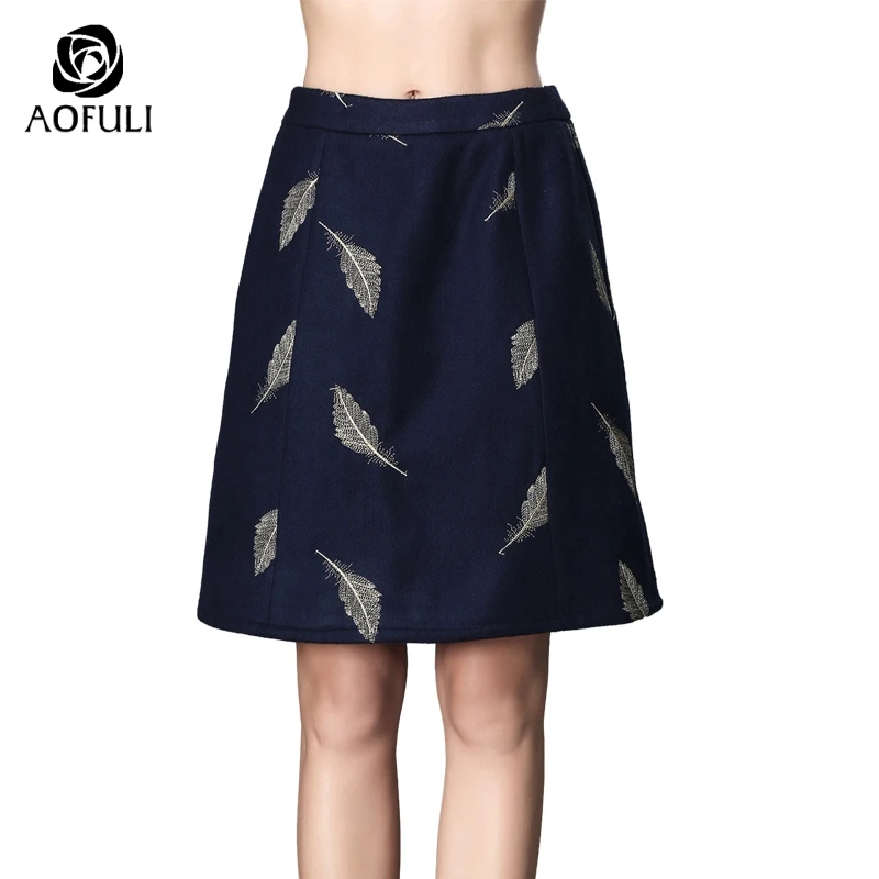 

S~ 2XL Women Plus Size Embroidery Skirt Autumn Winter Above-knee A-line Short Skirt Blue Large Size Female Clothes B5899