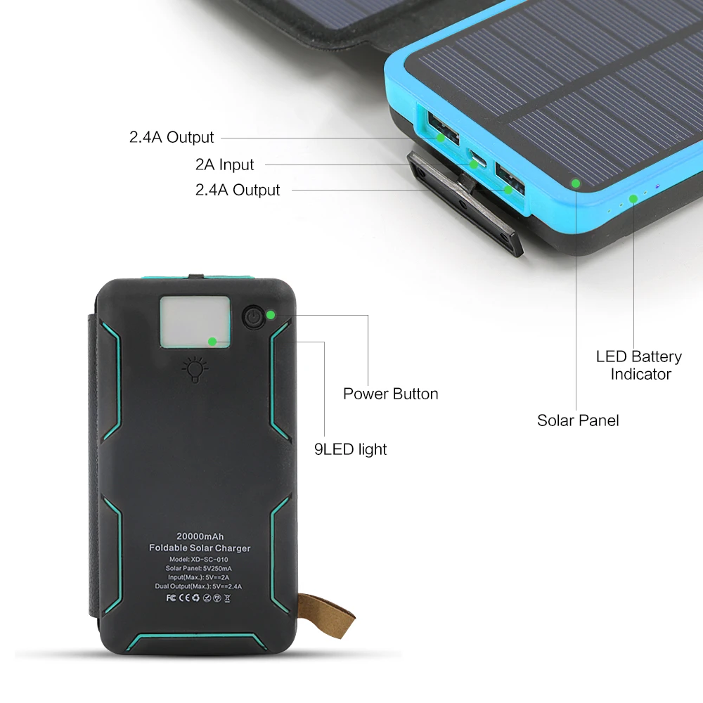 Солнечное зарядное устройство, 20000 мА/ч, водонепроницаемая солнечная панель, зарядное устройство, внешняя батарея для iPhone, iPad, samsung, мобильных телефонов, для улицы