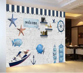 

Custom murals 3d photo wallpaper starfish fish ship brick wall living room background wall painting Restaurant Hotel Wallpaper
