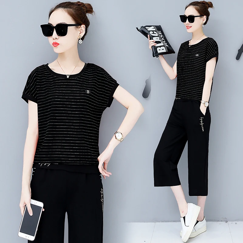 

Black outfit tracksuit sportswear co-ord set for women striped 2 piece set summer 2019 top and pants suits plus size clothing