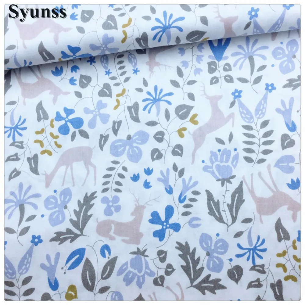 

Syunss,Twill Cotton Fabric DIY Tissu Patchwork Telas Sewing Baby Toy Bedding Quilting Cloth Blue Gray Floral Print Craft Tecido