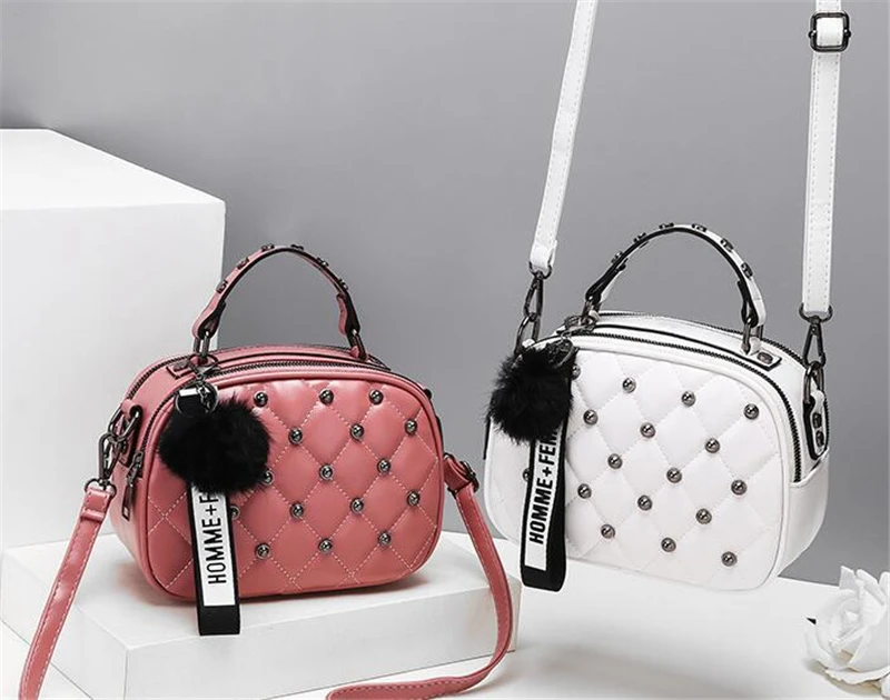 Trendy Rivet Plaid Bag for Women Brand Design Small Crossbody Bags with Hairy Ball Girls Mini PU Leather Handbags Phone Purse